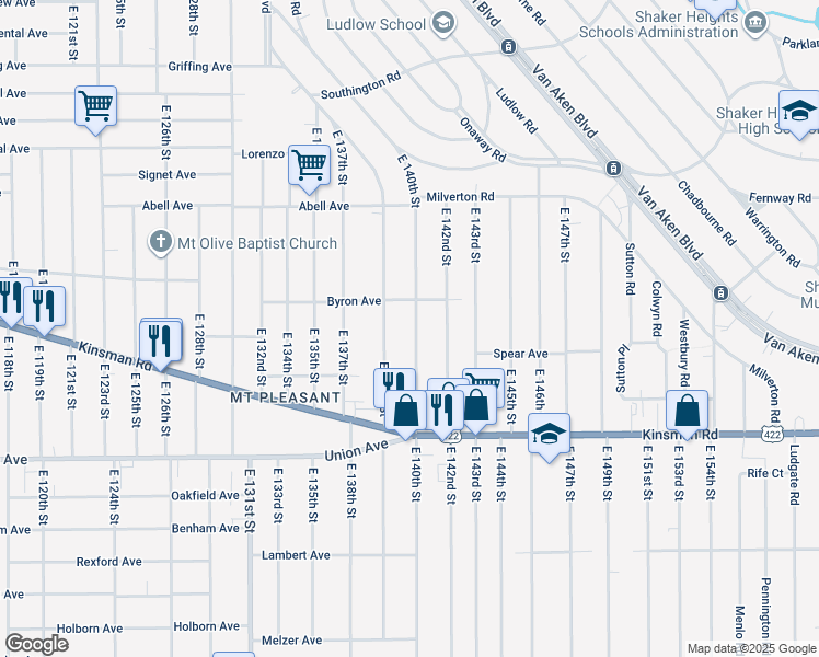 map of restaurants, bars, coffee shops, grocery stores, and more near 3390 East 140th Street in Cleveland