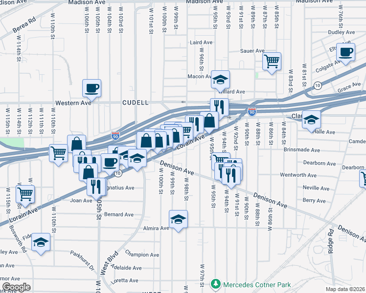 map of restaurants, bars, coffee shops, grocery stores, and more near 9815 Lorain Avenue in Cleveland
