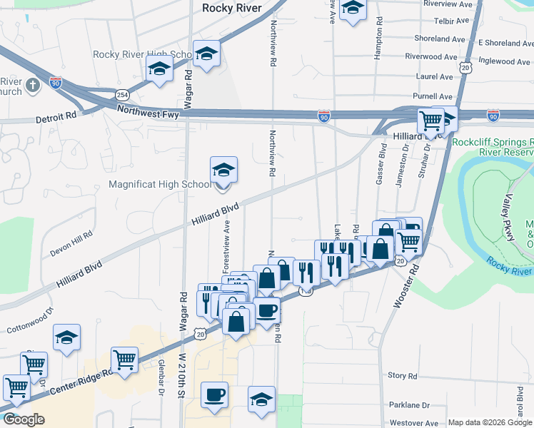 map of restaurants, bars, coffee shops, grocery stores, and more near 2468 Northview Road in Rocky River