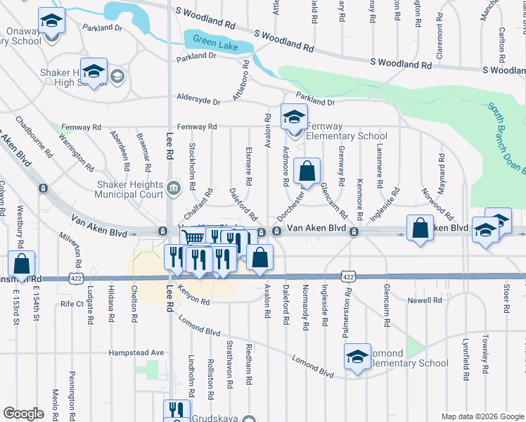map of restaurants, bars, coffee shops, grocery stores, and more near 3388 Avalon Road in Shaker Heights
