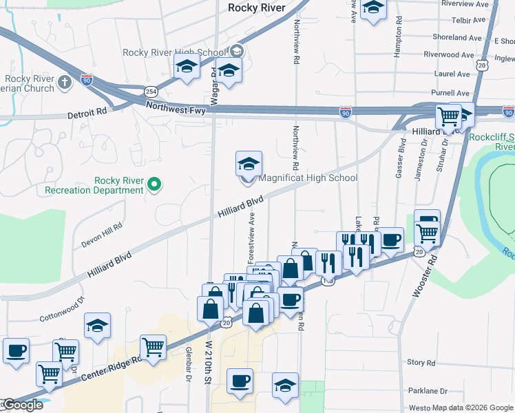 map of restaurants, bars, coffee shops, grocery stores, and more near 20685 Hilliard Boulevard in Rocky River