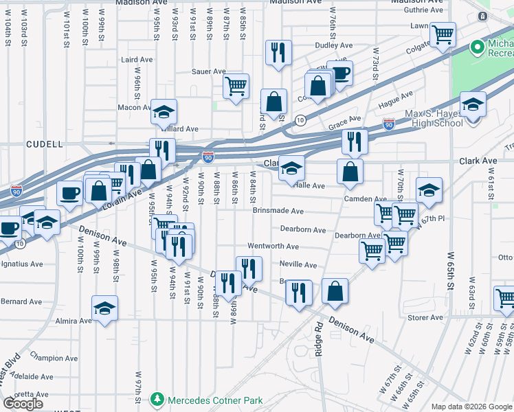 map of restaurants, bars, coffee shops, grocery stores, and more near 3169 West 84th Street in Cleveland