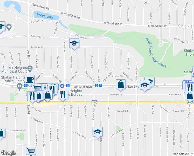map of restaurants, bars, coffee shops, grocery stores, and more near 3386 Kenmore Rd in Shaker Heights