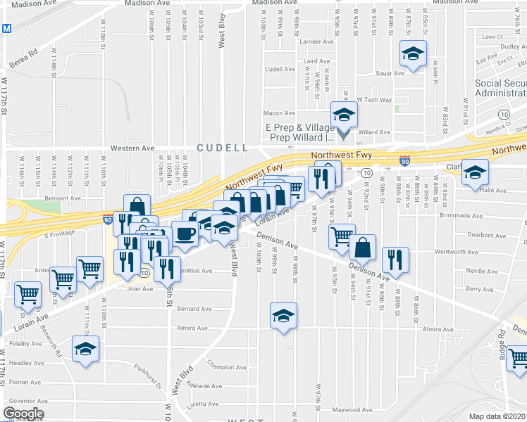 map of restaurants, bars, coffee shops, grocery stores, and more near 3141 West 100th Street in Cleveland