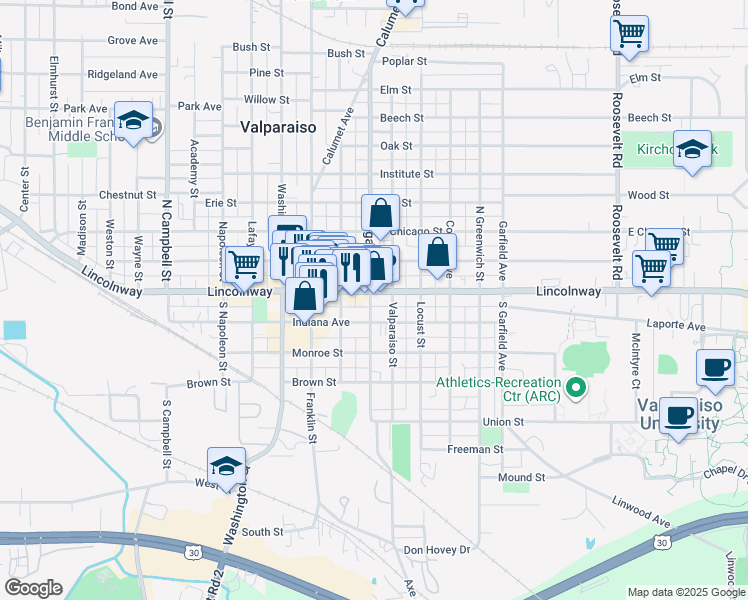 map of restaurants, bars, coffee shops, grocery stores, and more near 51 Morgan Boulevard in Valparaiso
