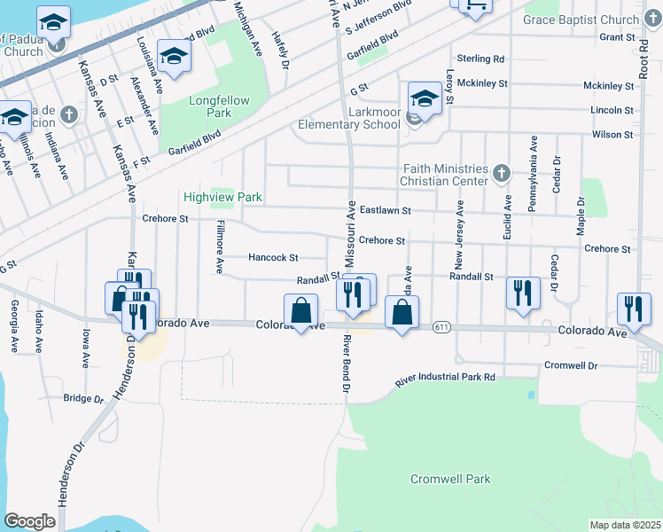 map of restaurants, bars, coffee shops, grocery stores, and more near 1523 Paine Street in Lorain