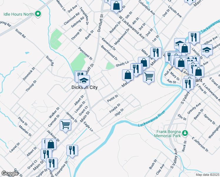 map of restaurants, bars, coffee shops, grocery stores, and more near 517 Pancoast Street in Dickson City