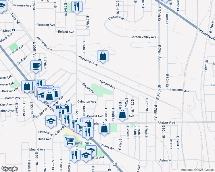map of restaurants, bars, coffee shops, grocery stores, and more near 6826 Morgan Ave in Cleveland
