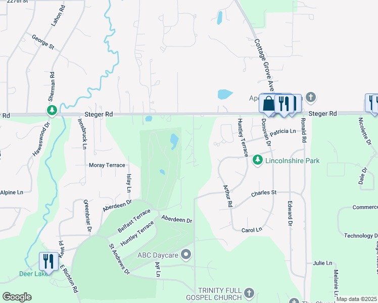 map of restaurants, bars, coffee shops, grocery stores, and more near 3442 Beckwith Lane in Crete