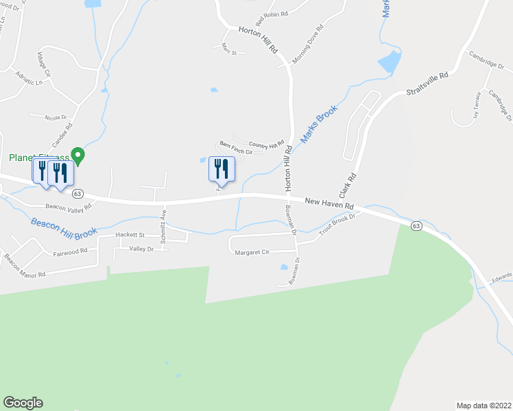 map of restaurants, bars, coffee shops, grocery stores, and more near 1405 New Haven Road in Naugatuck