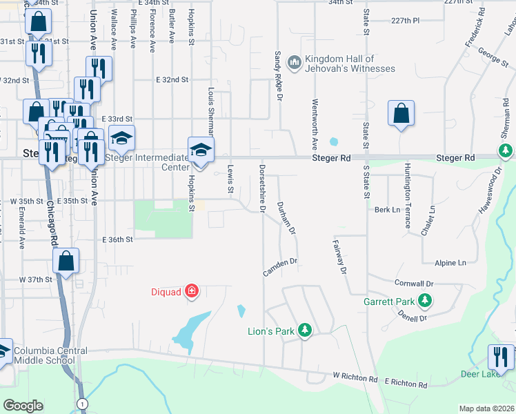 map of restaurants, bars, coffee shops, grocery stores, and more near 214 Dorsetshire Drive in Steger
