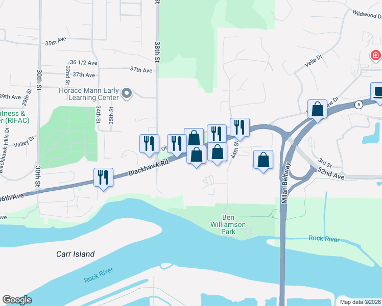 map of restaurants, bars, coffee shops, grocery stores, and more near 4004 Blackhawk Road in Rock Island