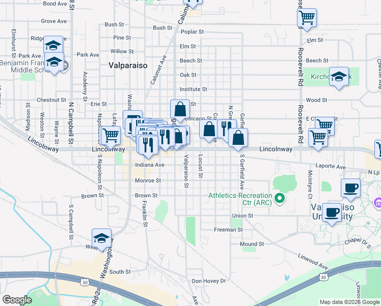 map of restaurants, bars, coffee shops, grocery stores, and more near in Valparaiso