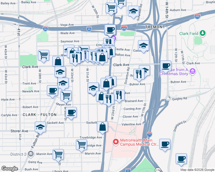 map of restaurants, bars, coffee shops, grocery stores, and more near 3194 West 25th Street in Cleveland