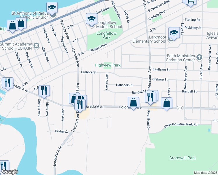 map of restaurants, bars, coffee shops, grocery stores, and more near 1541 Fillmore Avenue in Lorain