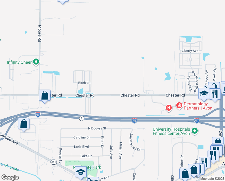map of restaurants, bars, coffee shops, grocery stores, and more near 37560 Chester Road in Avon