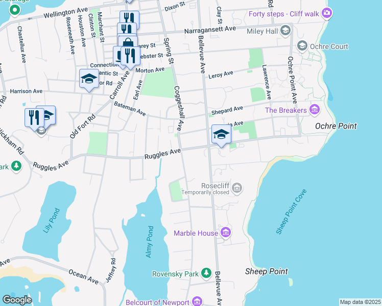 map of restaurants, bars, coffee shops, grocery stores, and more near 175 Ruggles Avenue in Newport