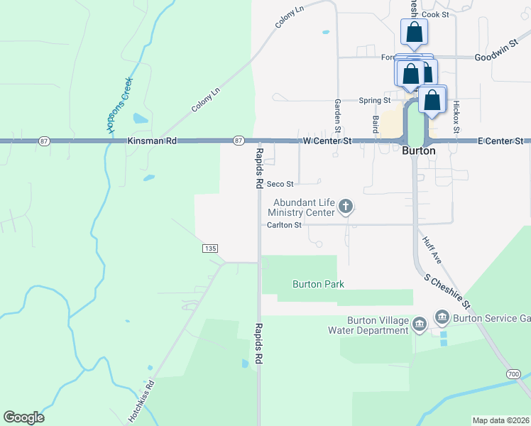 map of restaurants, bars, coffee shops, grocery stores, and more near 14733 Rapids Road in Burton