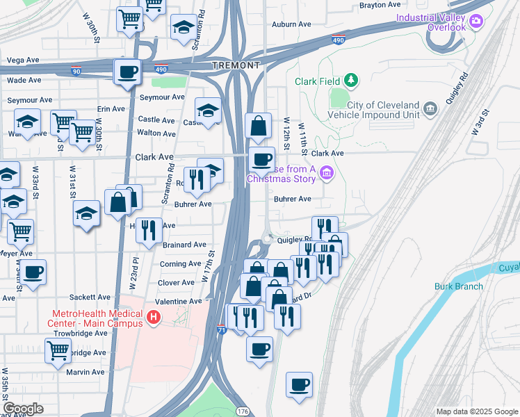 map of restaurants, bars, coffee shops, grocery stores, and more near 3188 West 14th Street in Cleveland