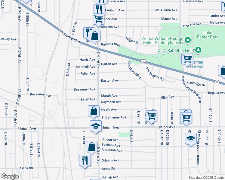 map of restaurants, bars, coffee shops, grocery stores, and more near 9502 Bessemer Avenue in Cleveland