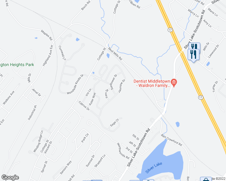 map of restaurants, bars, coffee shops, grocery stores, and more near 33 Sunflower Street in Middletown