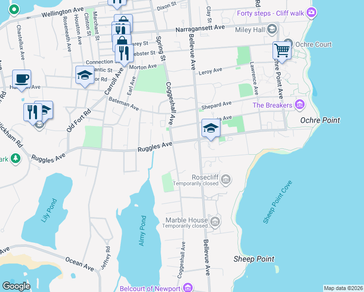 map of restaurants, bars, coffee shops, grocery stores, and more near 175 Ruggles Avenue in Newport