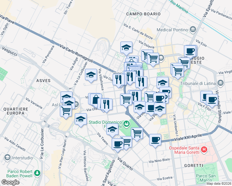 map of restaurants, bars, coffee shops, grocery stores, and more near 25 Via Montebello in Latina