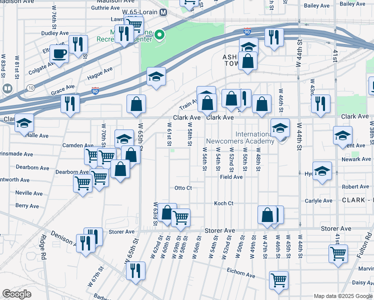map of restaurants, bars, coffee shops, grocery stores, and more near 3170 West 58th Street in Cleveland