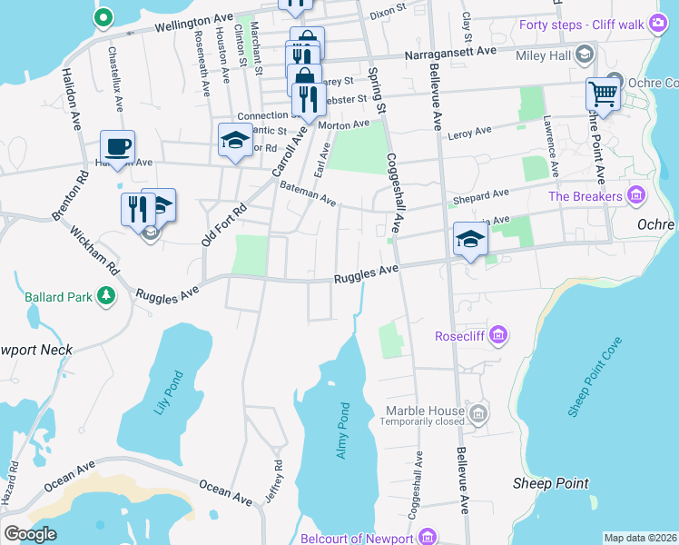 map of restaurants, bars, coffee shops, grocery stores, and more near 132 Ruggles Avenue in Newport