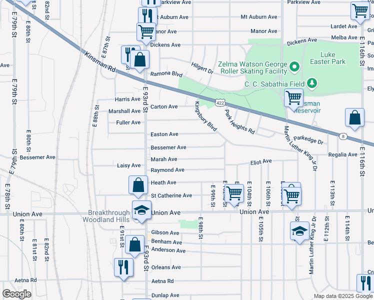 map of restaurants, bars, coffee shops, grocery stores, and more near 9624 Bessemer Avenue in Cleveland