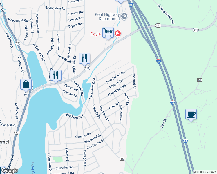 map of restaurants, bars, coffee shops, grocery stores, and more near 18 Walden Road in Carmel Hamlet