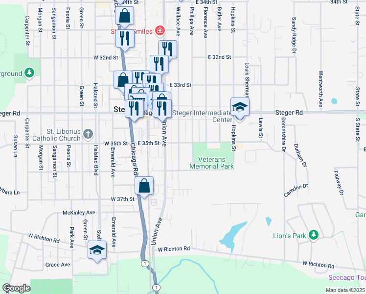 map of restaurants, bars, coffee shops, grocery stores, and more near 3507 Wallace Ave in Steger