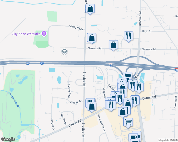 map of restaurants, bars, coffee shops, grocery stores, and more near 1399 Bradley Road in Westlake