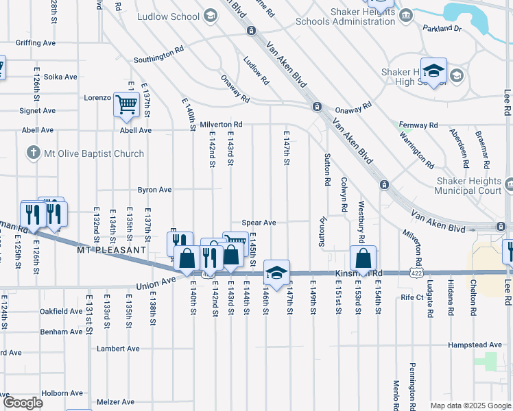 map of restaurants, bars, coffee shops, grocery stores, and more near 3379 East 145th Street in Cleveland