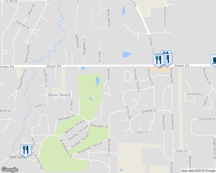 map of restaurants, bars, coffee shops, grocery stores, and more near 3442 Beckwith Lane in Crete