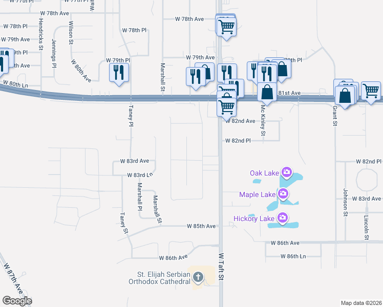 map of restaurants, bars, coffee shops, grocery stores, and more near 8239 Ellsworth Court in Merrillville