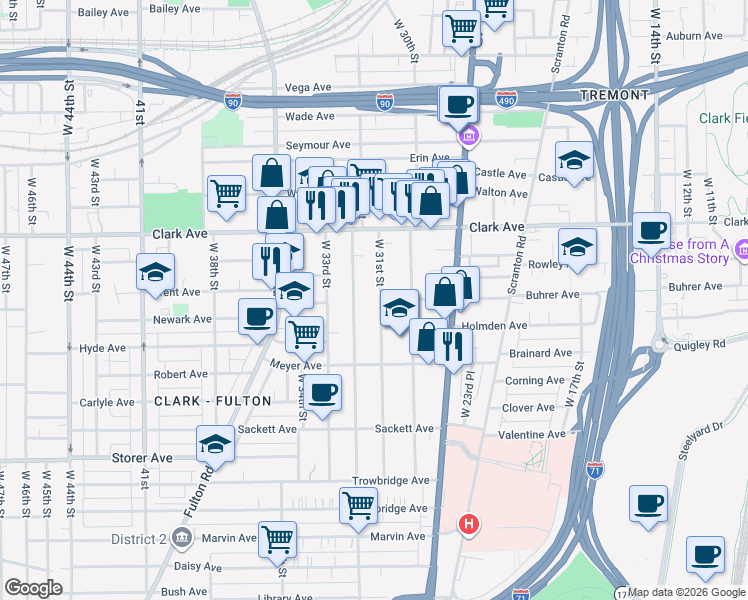 map of restaurants, bars, coffee shops, grocery stores, and more near 3180 West 31st Street in Cleveland