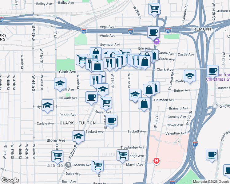 map of restaurants, bars, coffee shops, grocery stores, and more near 3190 West 32nd Street in Cleveland