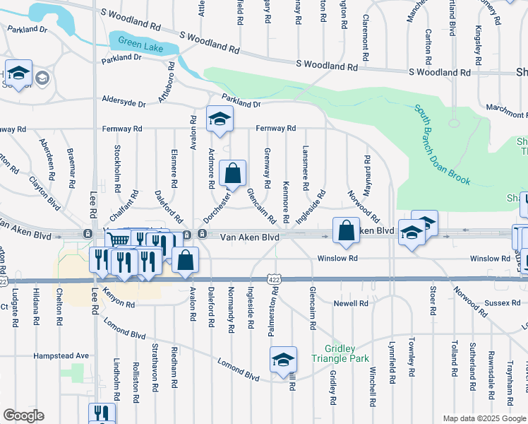 map of restaurants, bars, coffee shops, grocery stores, and more near 3388 Glencairn Rd in Shaker Heights