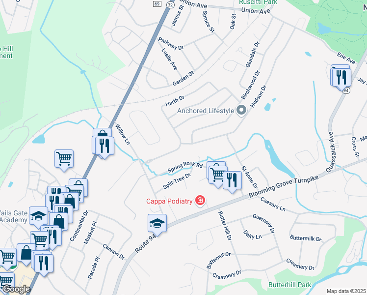map of restaurants, bars, coffee shops, grocery stores, and more near 24 Harth Drive in New Windsor