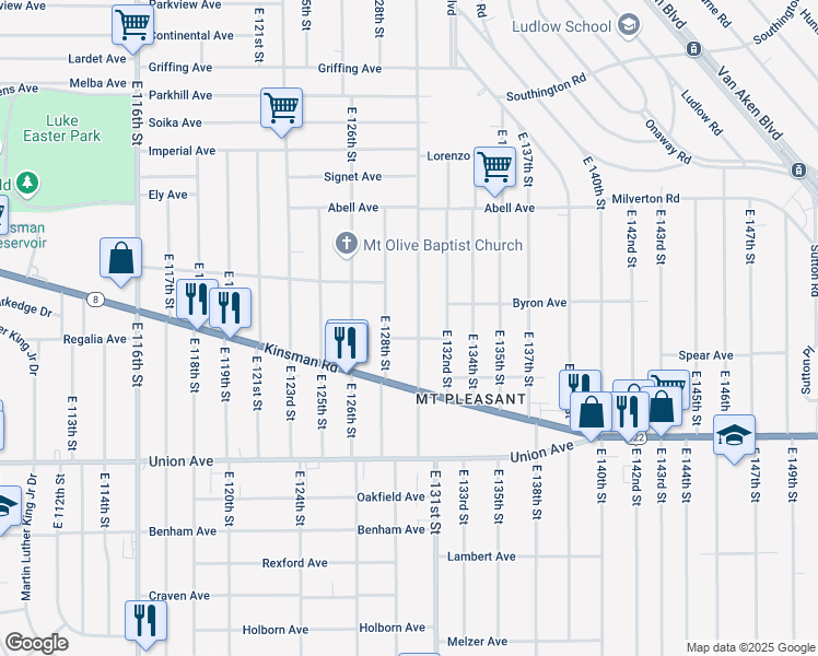 map of restaurants, bars, coffee shops, grocery stores, and more near 130 Tahoe Circle in Cleveland