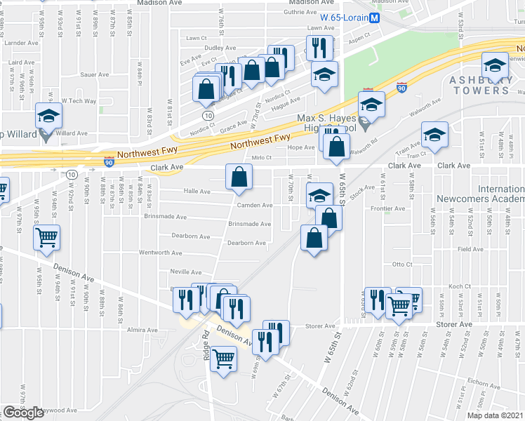 map of restaurants, bars, coffee shops, grocery stores, and more near 7115 Camden Ave in Cleveland