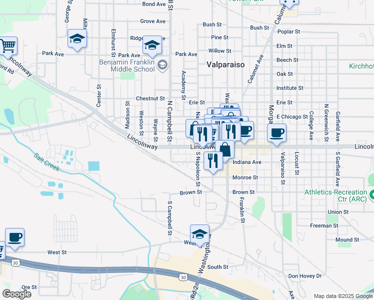 map of restaurants, bars, coffee shops, grocery stores, and more near 257 West Lincolnway in Valparaiso