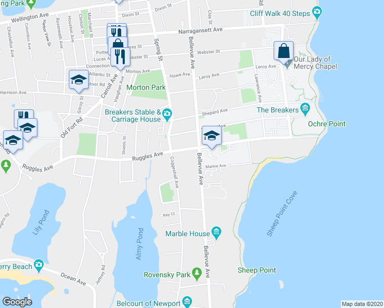 map of restaurants, bars, coffee shops, grocery stores, and more near 579 Ruggles Avenue in Newport