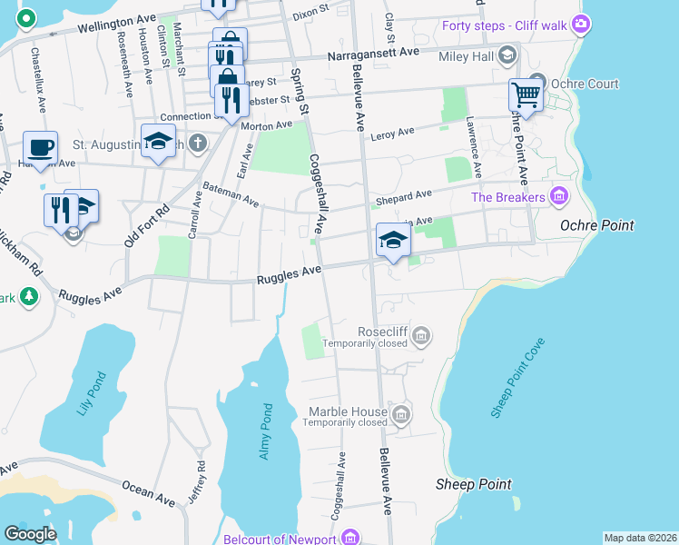 map of restaurants, bars, coffee shops, grocery stores, and more near 175 Ruggles Avenue in Newport
