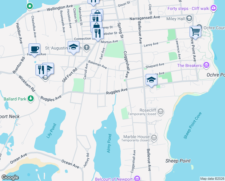map of restaurants, bars, coffee shops, grocery stores, and more near 132 Ruggles Avenue in Newport