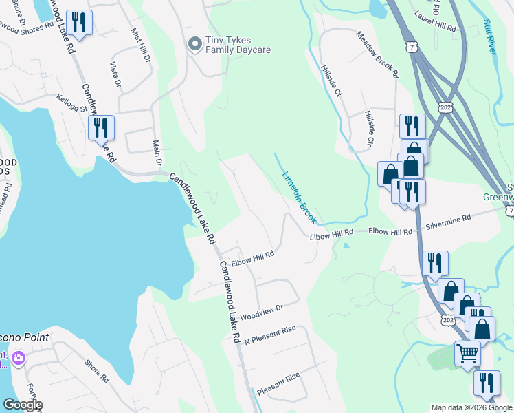 map of restaurants, bars, coffee shops, grocery stores, and more near 5 South Mountain Road in Brookfield