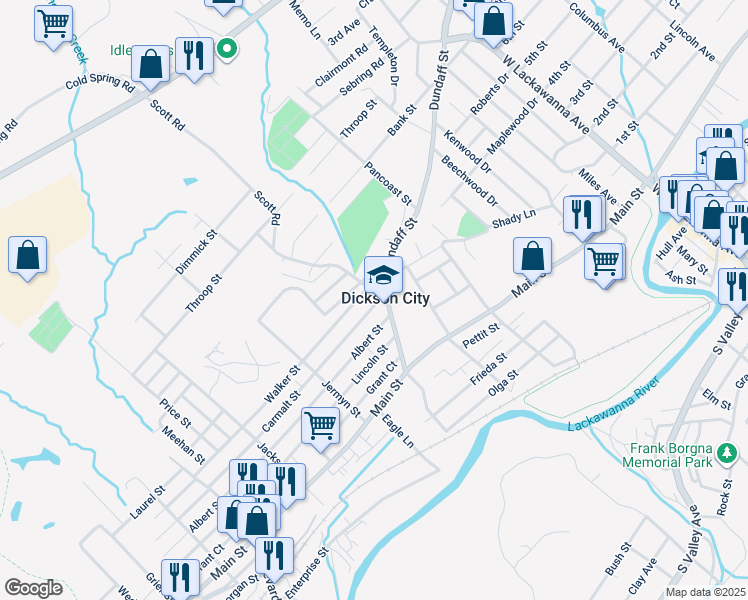 map of restaurants, bars, coffee shops, grocery stores, and more near in Dickson City
