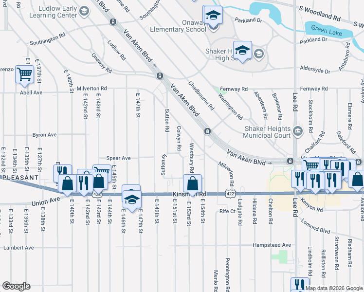 map of restaurants, bars, coffee shops, grocery stores, and more near 3386 Westbury Road in Shaker Heights