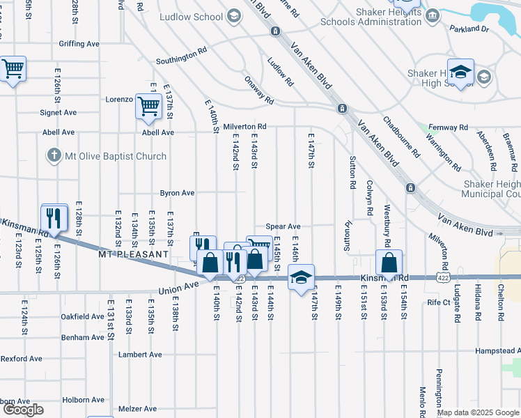 map of restaurants, bars, coffee shops, grocery stores, and more near 3381 East 143rd Street in Cleveland